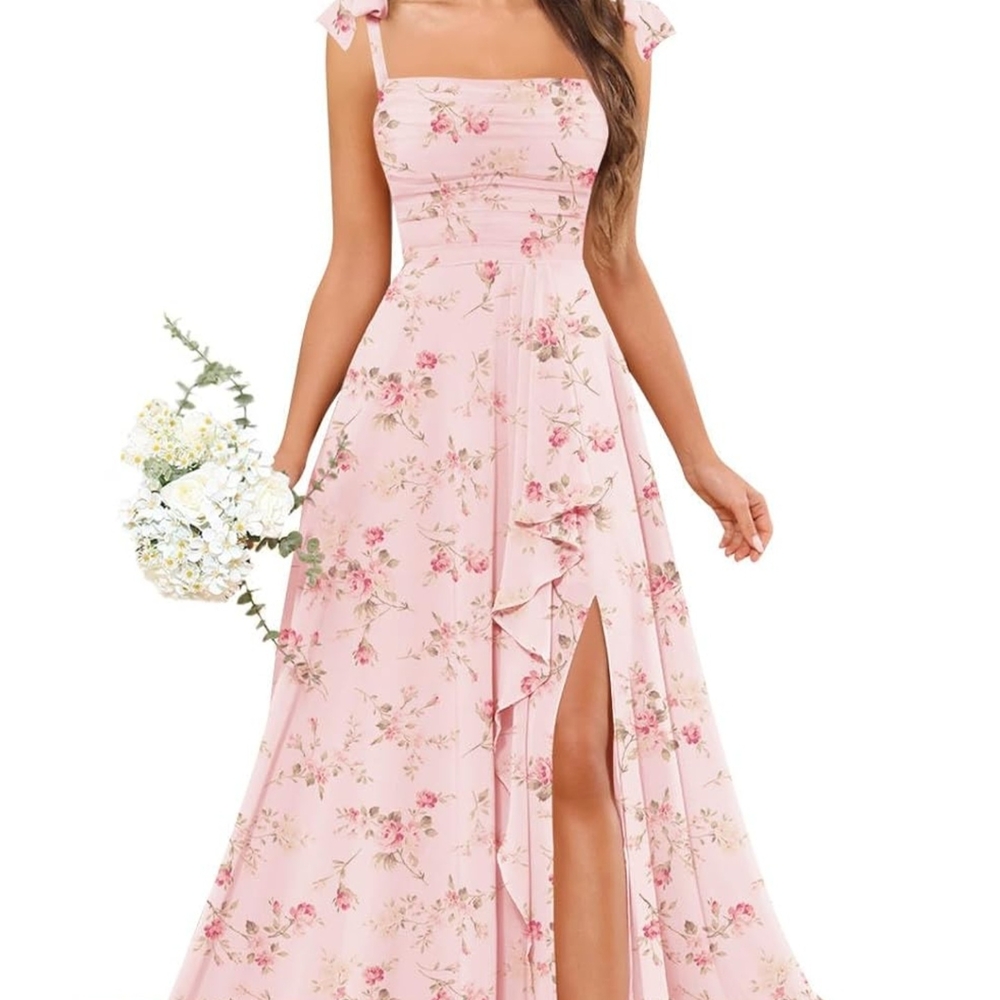 Pink Floral Ruffle Maxi Dress with Side Slit